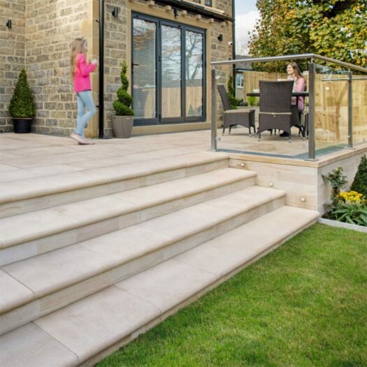 Marshalls Paving_Sawn & Sandblasted Sandstone 'Versuro' Caramel Cream-BULLNOSE STEPS & CORNERS